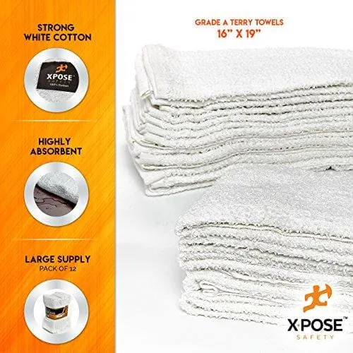 Xpose Safety Bar Mop Towels 12 Pack - Terry Cloth Cotton - Premium Quality Absorbent Home, Kitchen and Restaurant White Cleaning Rags - 16" x 19"