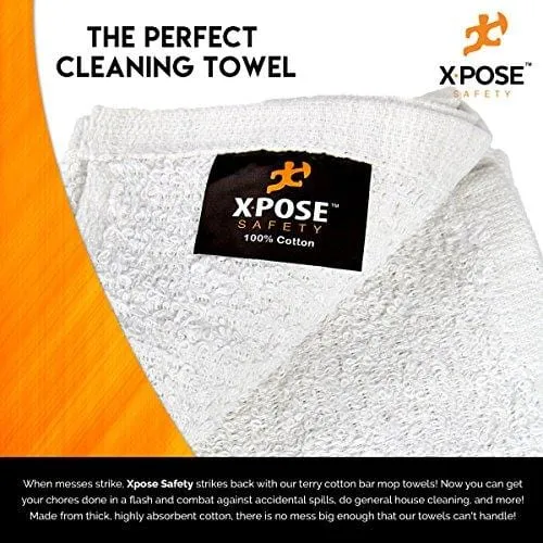 Xpose Safety Bar Mop Towels 12 Pack - Terry Cloth Cotton - Premium Quality Absorbent Home, Kitchen and Restaurant White Cleaning Rags - 16" x 19"